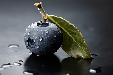a blueberry with a leaf on its head and water droplets on its body, on a gray surface. Generative AI