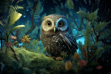 An owl immersed in nature within a miniature ecosystem under a starry night sky. Generative AI