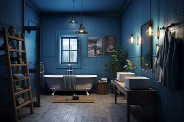 Melancholic Scandinavian bathroom with dim lighting, adorned in blues for the downhearted. Generative AI