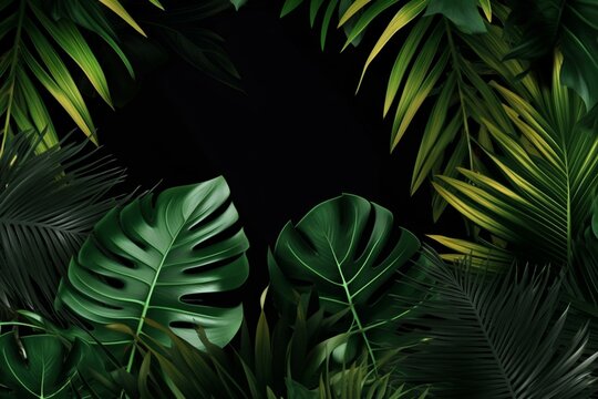 Black background with lush tropical leaves in a summer setting. Generative AI