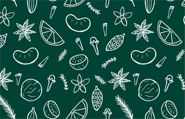 Seamless pattern of mulled wine spices, anise stars, cinnamon, fir branches, orange slices, zest, cloves. Hot drink recipe ingredients. Green vector wallpaper. Hand drawn backdrop. Aromatic spice.