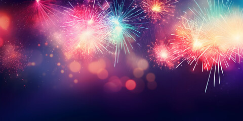 Colorful firework with bokeh background. New Year celebrating. Seasonal background with copy space, invitation greetings card, bright banner, generative ai