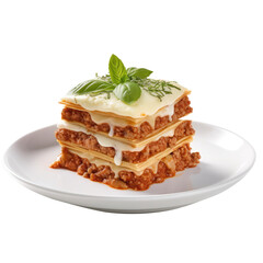 lasagna on light plate on white background for restaurant menu