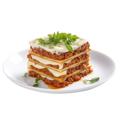 Tasty serving of traditional Italian lasagne with spicy tomato based ground beef and melted mozzarella cheese between layers of noodles