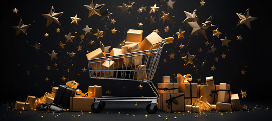shopping basket containing Christmas gift boxes - obrazy, fototapety, plakaty