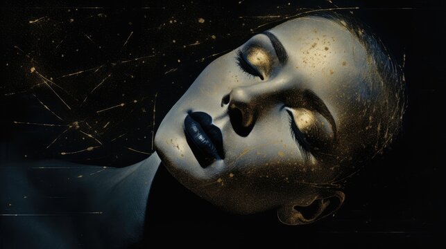  a close up of a woman's face with gold paint splattered on her face and her eyes closed.  generative ai