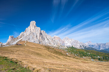Scenic view of Mount Ra Gusela from Giau Pass in the Dolomites, Italy