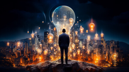 Homme devant des milliers d'ampoules allumées - Concept de l'homme d'affaires cherchant la bonne solution - obrazy, fototapety, plakaty