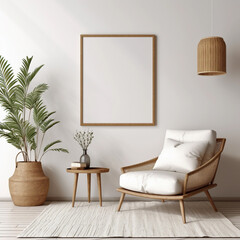 Vertical empty frame for wall art mockup. Modern boho room with minimalist chair, table, lamp and neutral decor.
