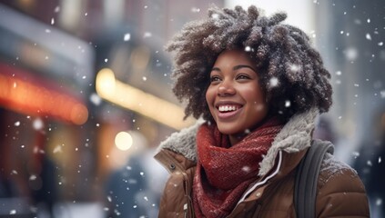 Beautiful afro girl on a cold snow day