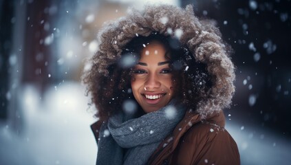Beautiful afro girl on a cold snow day looking at the camera with a coat