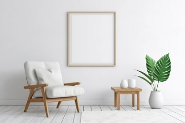 Fototapeta na wymiar Vertical empty wooden frame for wall art mockup. Modern white room with minimalist chair, table and green houseplant