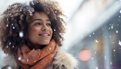 Beautiful afro girl on a cold snow day