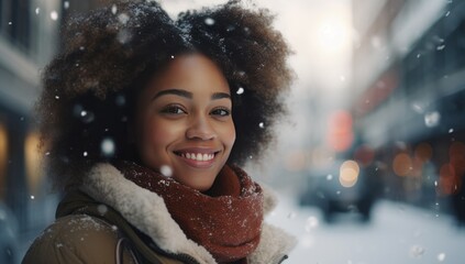Beautiful afro girl on a cold snow day looking at the camera