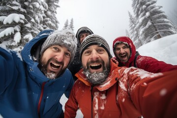Friends smiling and enjoying themselves in the snow with winter clothes