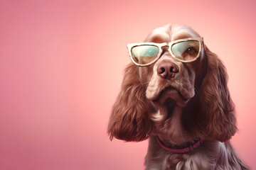 Creative animal concept. English Cocker Spaniel dog puppy in sunglass shade glasses isolated on solid pastel background, commercial, editorial advertisement, surreal surrealism.	