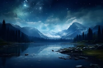 A mystical starry night over a serene mountain lake.