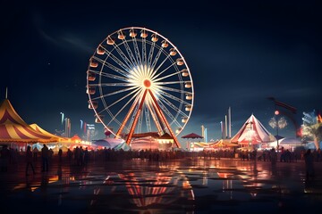 A vibrant carnival ferris wheel lit up against the night sky. - obrazy, fototapety, plakaty