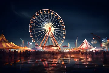 Fotobehang A vibrant carnival ferris wheel lit up against the night sky. © Tachfine Art