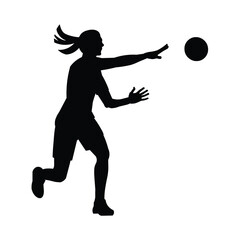 Black silhouette of a women's handball girl player who ran up and threw the ball at training session or a competition