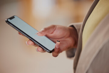 Smartphone, space and hands of business woman typing on mobile app with mockup for website data. Closeup of worker scroll to search on cellphone, technology and mock up for contact, texting and chat