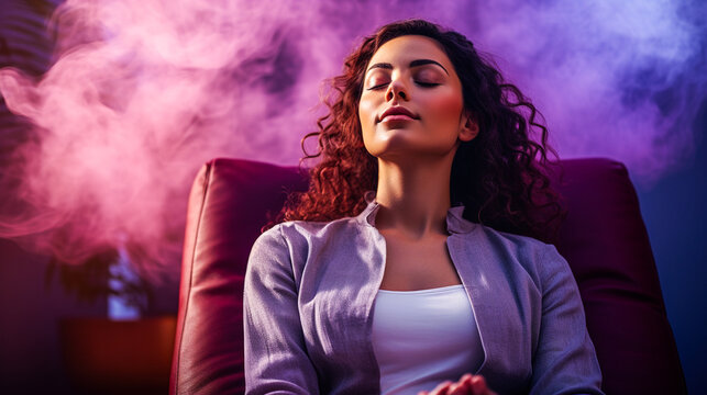 Femme sereine en train de m&eacute;diter - Femme en consultation d'hypnose