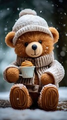 bear dressed in winter clothing and holding a cup