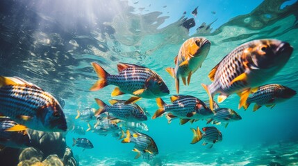 Colorful Shoal of Cichlid Fish in Lake Malawi