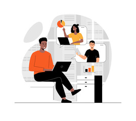 Video conference at laptop. Virtual collaboration and cooperation, partnership. Illustration with people scene in flat design for website and mobile development.