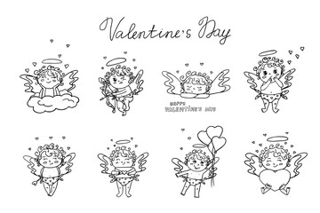 Set of cute cupids with hearts and love letter, Cupid's arrow, love envelope,angel wing. Cartoon cupids on the clouds. Great for Valentine's Day cards, posters, design. Hand drawn. Doodle style