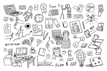 Set of business elements. Working online on laptops, tablets. Self-employed man and woman work in comfortable conditions. Hand drawn. Great for banner, posters, stickers and professional design. 