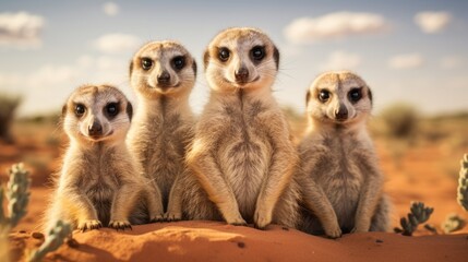 Adorable Meerkats Standing Guard in the Kalahari Desert - obrazy, fototapety, plakaty