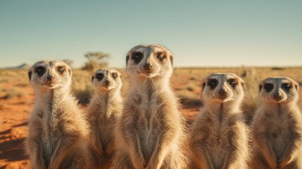 Adorable Meerkats Standing Guard in the Kalahari Desert - obrazy, fototapety, plakaty