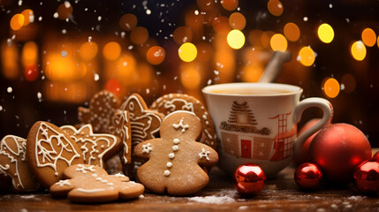 Obraz na płótnie Canvas Christmas background with cup of hot coffee cacao against holiday market. Colorful bokeh, magic lights on evening. Copy space. Seasonal banner, wallpaper. Generative ai.