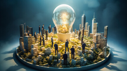 Hommes d'affaires et collaborateurs autour d'une ampoule géante, concept de solution - obrazy, fototapety, plakaty