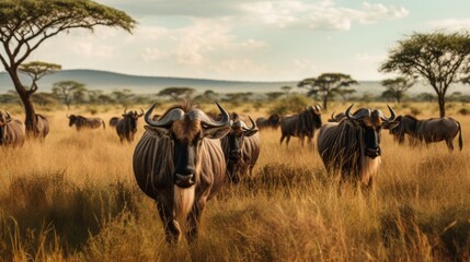 Group of Grazing Wildebeest in African Landscape