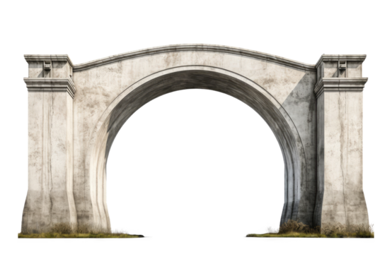 Antique concrete archway, a grand entryway, isolated on a transparent background. PNG, cutout, or clipping path.
