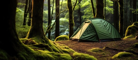 Blurred background with green tent and backpack on forested island - obrazy, fototapety, plakaty