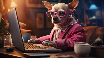 Dog in glasses and pink suit sits in front of a laptop computer looking at the screen with interest. Dog working on laptop.