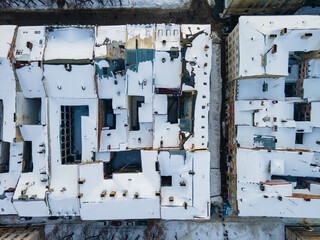 Fototapeta na wymiar Aerial view of the Lviv old town in winter, streets
