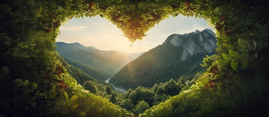 Heart shaped void in thick foliage River flows towards cliff Sun illuminates mountains Love for nature and wanderlust - obrazy, fototapety, plakaty