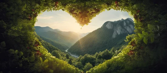 Fotobehang Heart shaped void in thick foliage River flows towards cliff Sun illuminates mountains Love for nature and wanderlust © Vusal