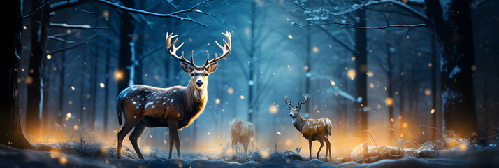 Reindeers in winter panoramic with snow covered fir branches, christmas forest snowy background, generative ai - obrazy, fototapety, plakaty