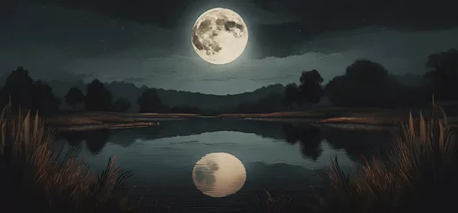 Foto op Plexiglas illustrazione di paesaggio notturno con grande luna piena che si riflette nelle acque calme di uno stagno © divgradcurl
