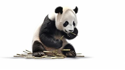 cute panda cub eating young bamboo on white background