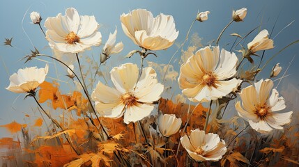  a painting of yellow and white flowers on a blue and white background with a blue sky in the back ground.  generative ai