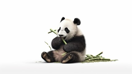 cute panda cub eating young bamboo on white background
