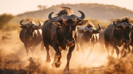 Wildebeest Herd Moving at Sunset in Africa