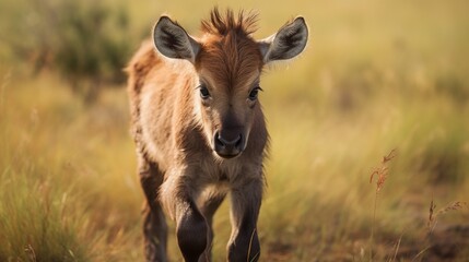 Naklejka na ściany i meble Young wildebeest calf taking first steps in the wild grasslands