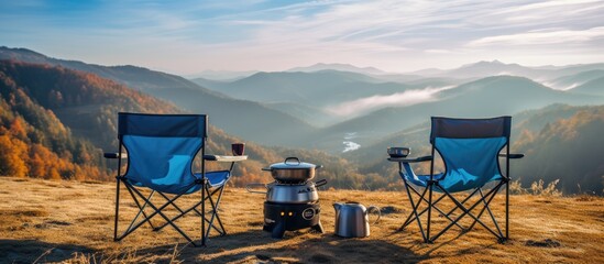 Active travel concept with two blue camping chairs gas burner kettle stand amidst beautiful autumn mountains - obrazy, fototapety, plakaty